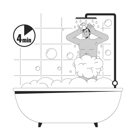 4 Minute Shower Black And White Cartoon Flat Illustration Indian Man Showering Bathtub 2 D Lineart Character Isolated Reduce Electricity Usage Water Saving At Home Monochrome Vector Outline Image Illustration
