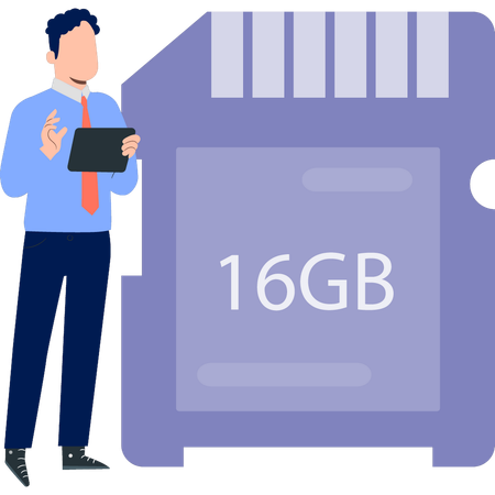 Man showing 16GB memory card  Illustration