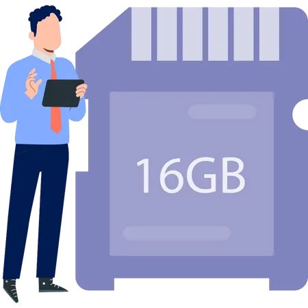 Man showing 16GB memory card  Illustration