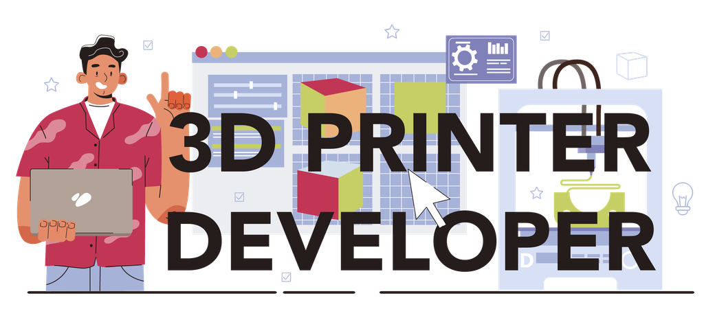 Man showing 3D printer developer typographic  Illustration