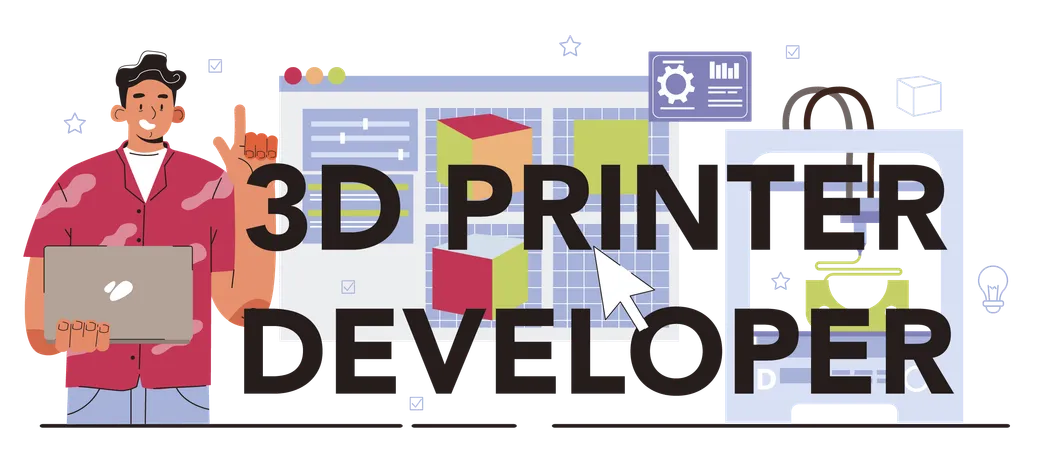 3 D Printer Developer Typographic Header Operating System Programming Of 3 D Printing Equipment For Layout Or Model Creation Flat Vector Illustration Illustration