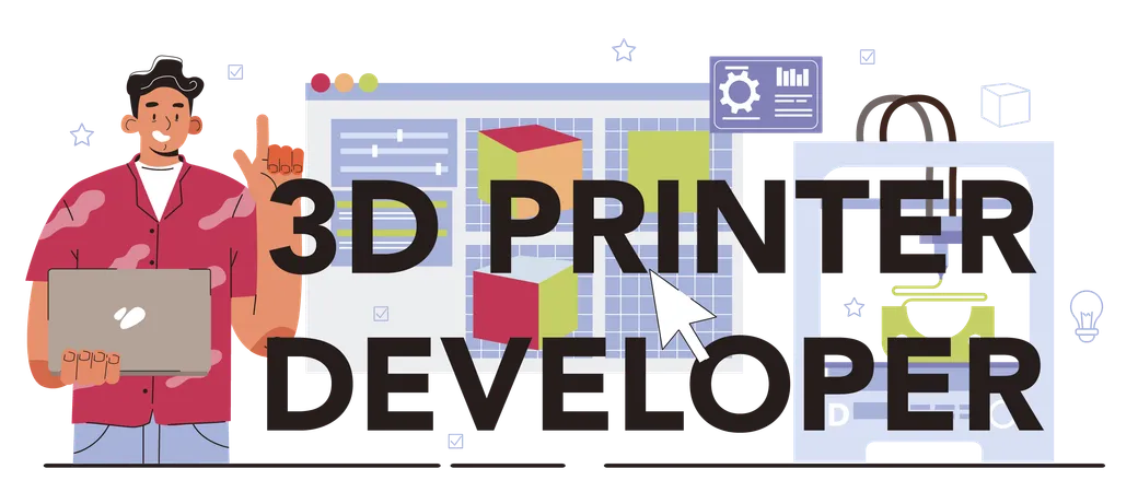 Man showing 3D printer developer typographic  Illustration