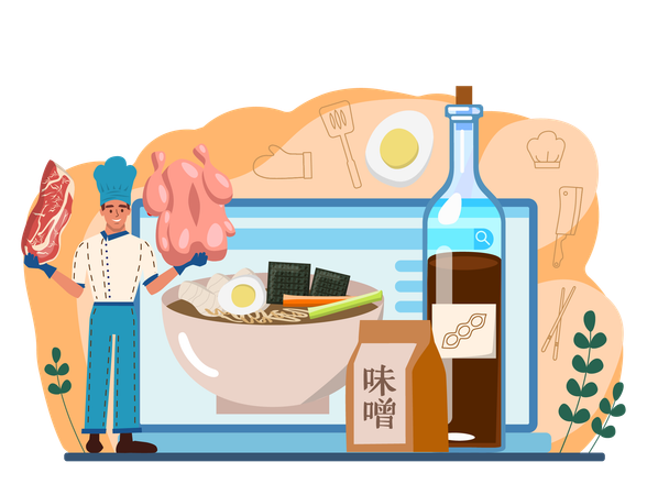 Man showing beef and chicken for making online Japanese food  Illustration