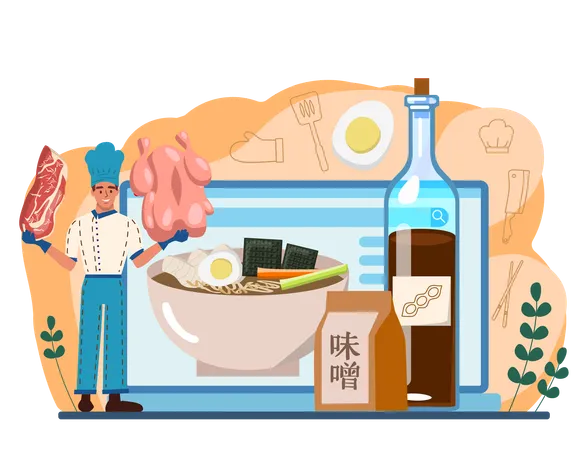 Man showing beef and chicken for making online Japanese food  イラスト