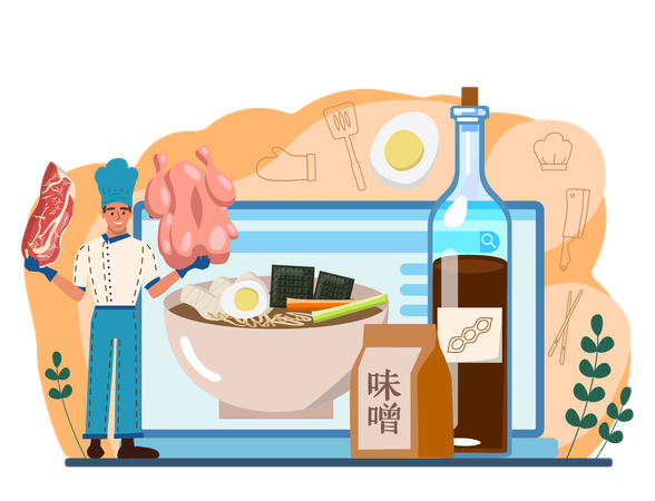 Man showing beef and chicken for making online Japanese food  Ilustración