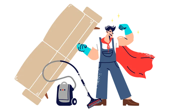 Man Janitor Superhero Demonstrates Strength By Lifting Heavy Sofa Standing Near Vacuum Cleaner Hero Guy Works As Apartment Janitor Helping Housewives Fight Pollution In Hard To Reach Places Illustration