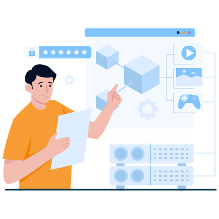 Man showing Blockchain Media Access and Security  Illustration