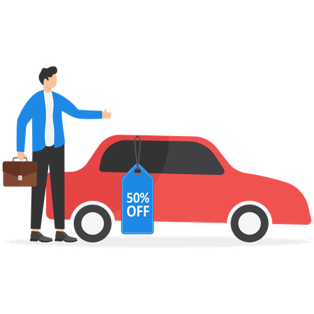 Man showing car with sale and discount tag  Illustration