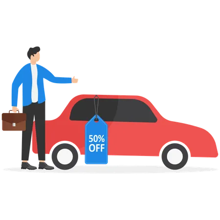 Man showing car with sale and discount tag  Illustration