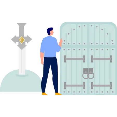 Man showing castle door  Illustration