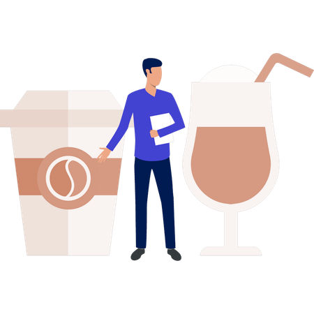 コーヒーカップとドリンクグラスを見せる男性  イラスト