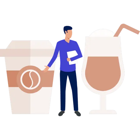 コーヒーカップとドリンクグラスを見せる男性  イラスト