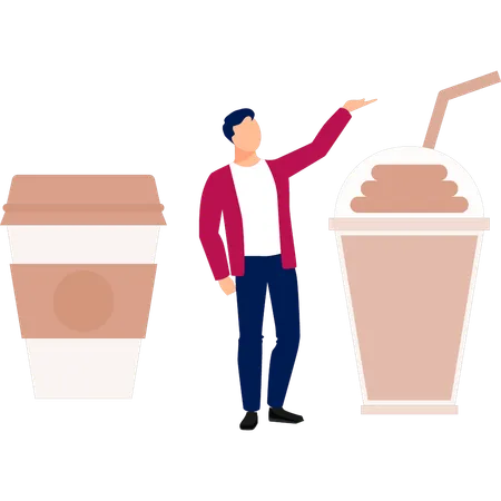 コーヒー瓶を見せる男性  イラスト