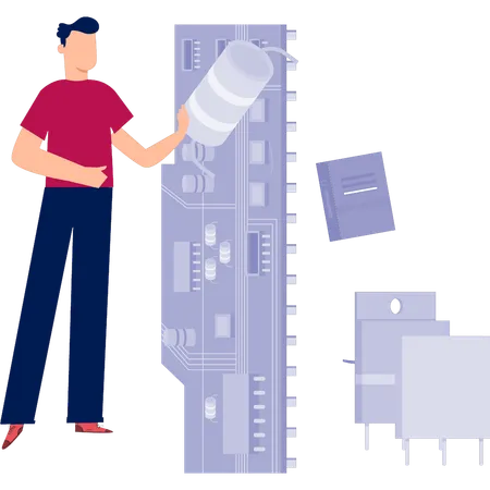 コンピューターのリールチップを見せる男性  イラスト