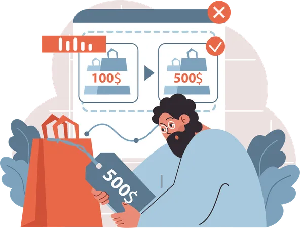 Man showing cost versus sales price to calculate trade margins  Illustration