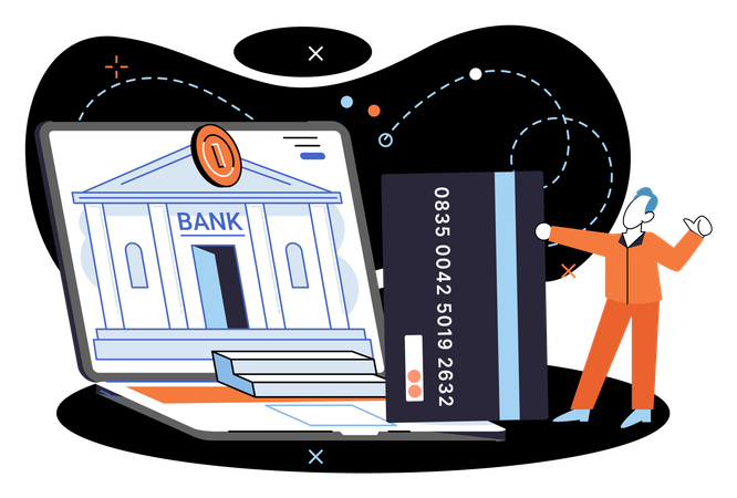 Man showing credit card while doing online transaction using remote bank service  Illustration