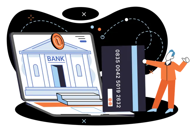 Man showing credit card while doing online transaction using remote bank service  Illustration