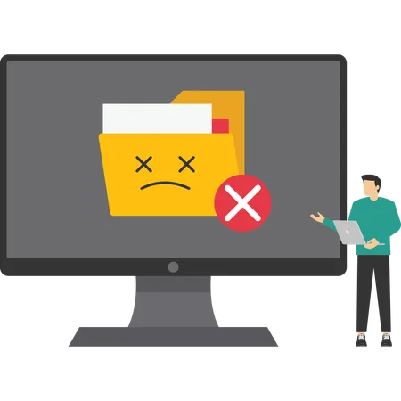 コンピューター上のフォルダーファイルの削除を示す男性  イラスト