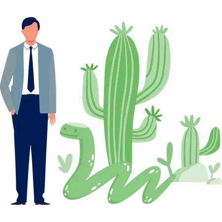 砂漠の緑のとげのある植物を見せる男性  イラスト