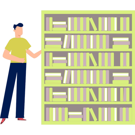 Man showing different books in shelf  Illustration