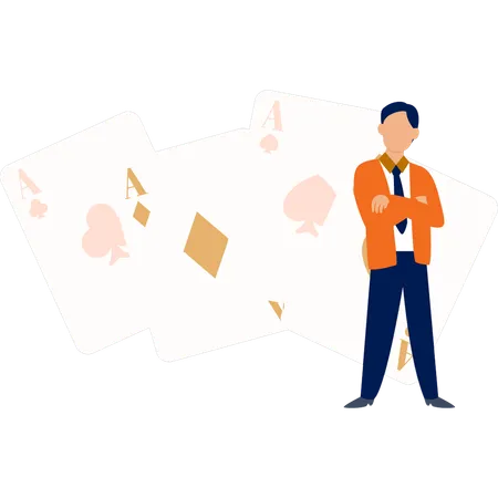 Man showing different gambling cards  Illustration
