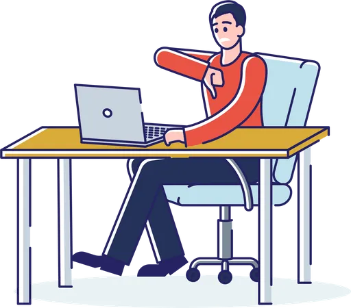 Man Showing Thumb Down Dislike Gesture While Using Laptop Computer Unsatisfied User Or Client Concept Cartoon Customer With Disapproval Sign Linear Vector Illustration Illustration