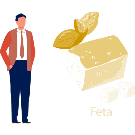 Man  showing feta product  Illustration