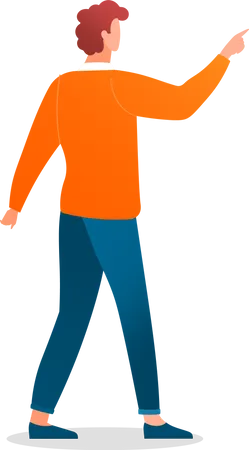 Young Man Caucasian With Red Curly Hair Standing At Full Height Making A Pointing Gesture With Finger Guy In Blue Jeans And Orange Sweater On White Background A Person Pays Attention To Something Illustration