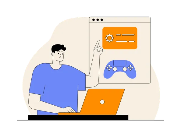 ゲームのコードと設定を示す男性  イラスト