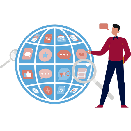 Man showing global social marketing  Illustration