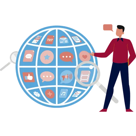 Man showing global social marketing  Illustration