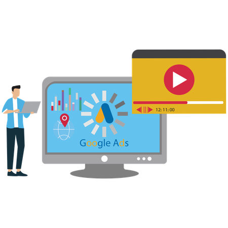 Man showing google ads video on laptop  Illustration