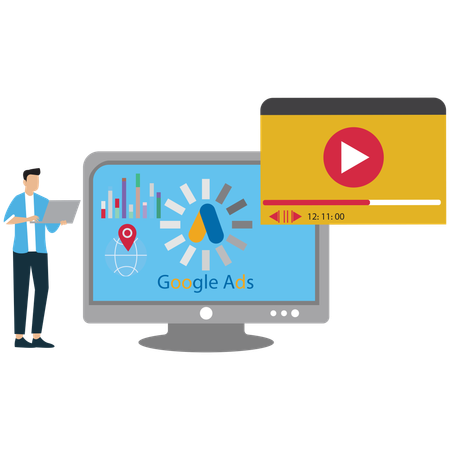 Man showing google ads video on laptop  Illustration