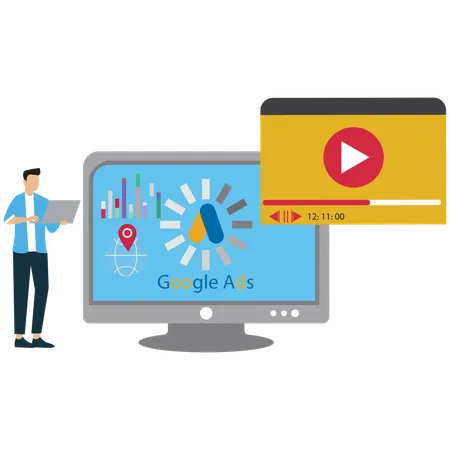 Man showing google ads video on laptop  Illustration