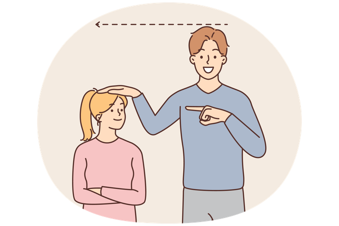Man showing growth of daughter and pointing finger at teen girl rejoicing in growing up process  Illustration