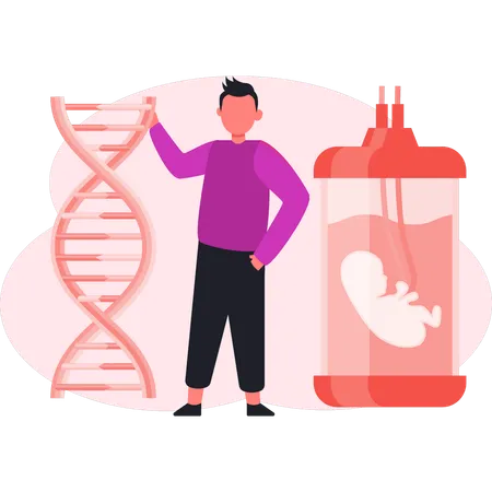 Man showing human baby DNA  Illustration