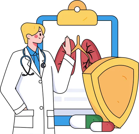 Man showing lungs report with medical insurance  Illustration