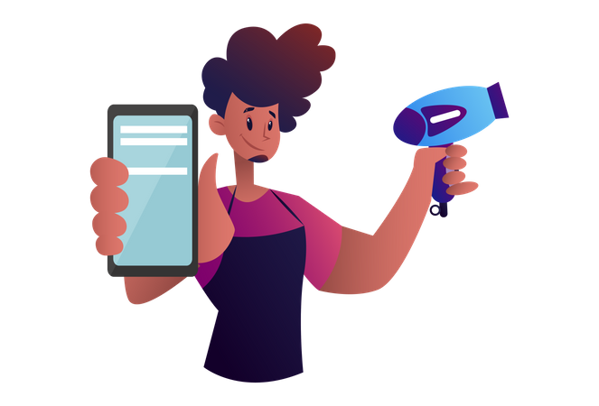 Man showing mobile application with Hair dryer  Illustration