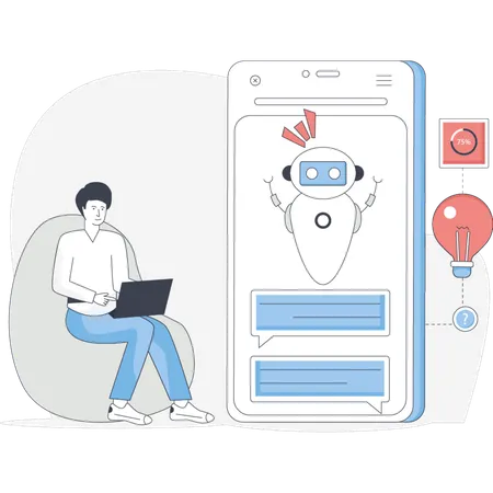 Man showing mobile pone customer service robot  Illustration