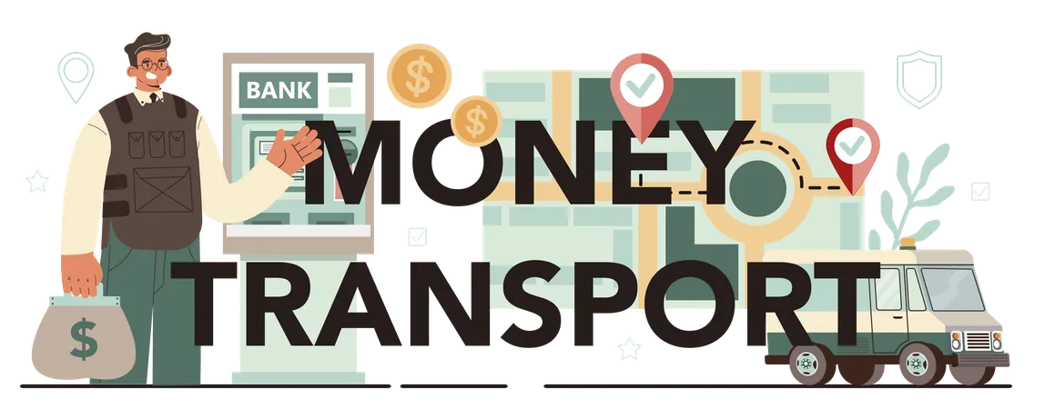 Money Transport Typographic Header Armored Cash Truck Security Money Or Valuable Items Encashment And Protection Professional Bank Staff In Bulletproof Uniform Flat Vector Illustration Illustration