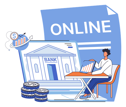 Man showing online banking operations and report  Illustration