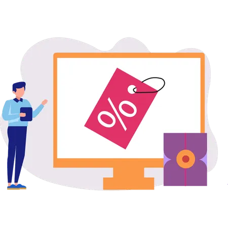 Man showing online discount tag  Illustration