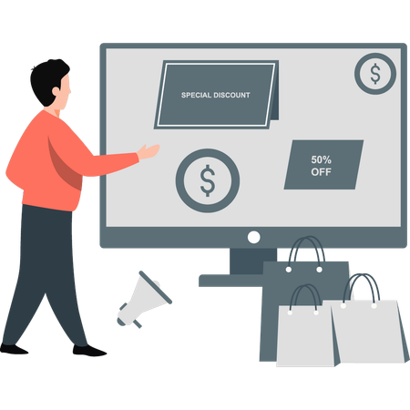 Man showing online shopping discount  Illustration