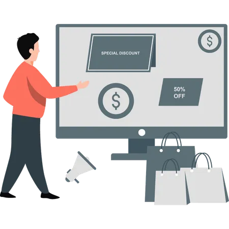 Man showing online shopping discount  Illustration