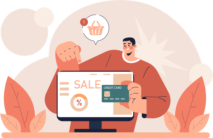 Man showing online shopping sale  Illustration