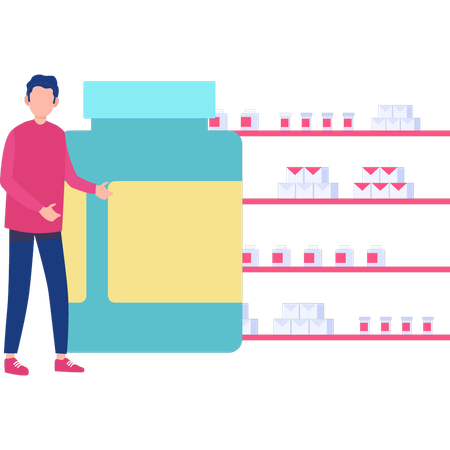 Man showing pills jar  Illustration