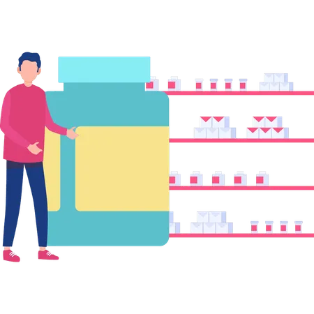 Man showing pills jar  Illustration