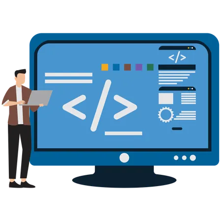 Man showing Programming Code Screen  Illustration