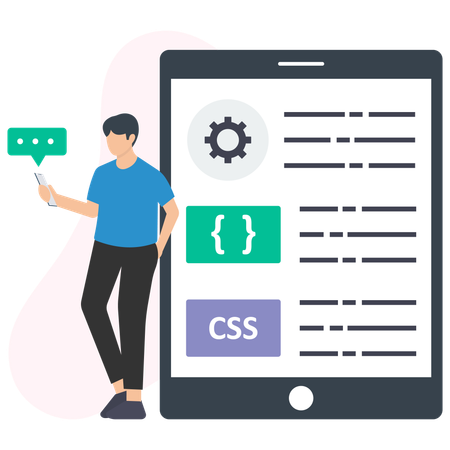 プログラミング言語を披露する男性  イラスト