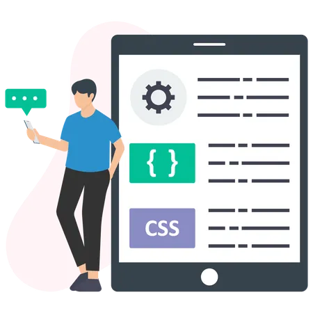 プログラミング言語を披露する男性  イラスト